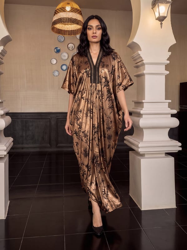 Bronze Brown Metallic Printed Kaftan with Embroidered V-Neck — HOUSE OF FETT