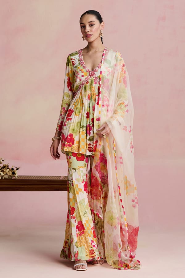 Multicolor Printed Short Kurta Gharara Set with Dupatta — NIRVAIR CLOTHING