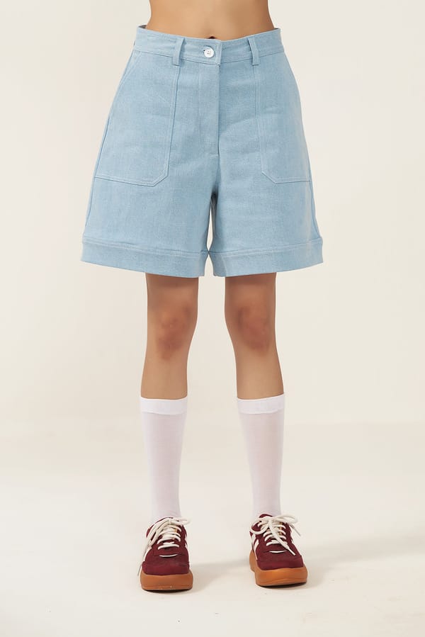 Light Blue High-Rise Denim Patch Pocket Shorts — Muvazo