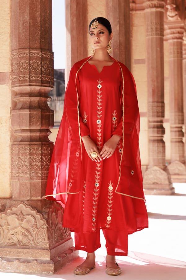 Red Chanderi Aari Embroidered Anarkali Set — Bannhi by Priyanka Rathore