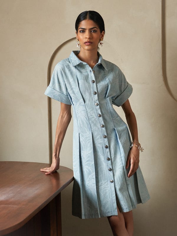 Indigo Jacquard Denim A-Line Shirt Dress — HOUSE OF FETT