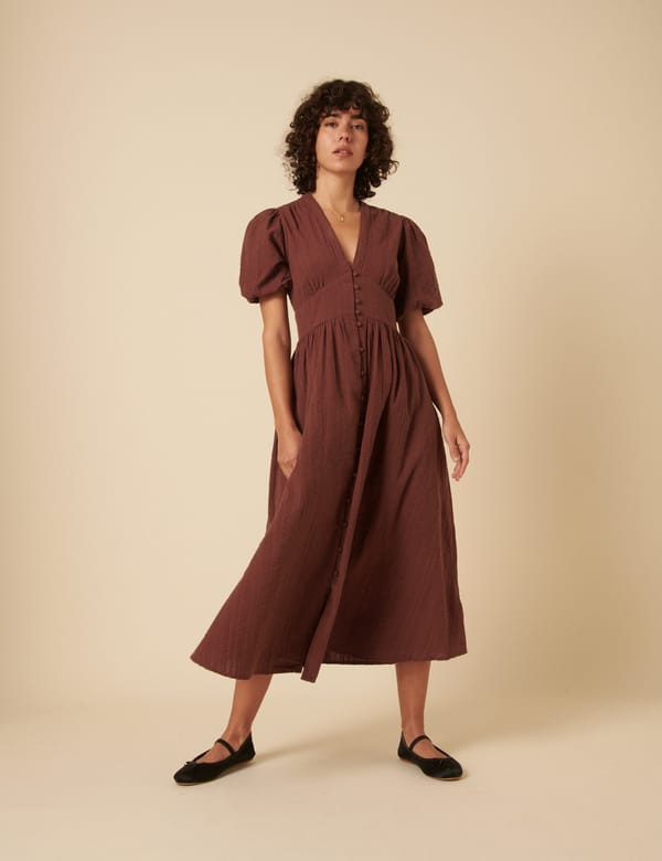 Chocolate Brown V-Neck Button-Front Midi Dress — Nobody's Child