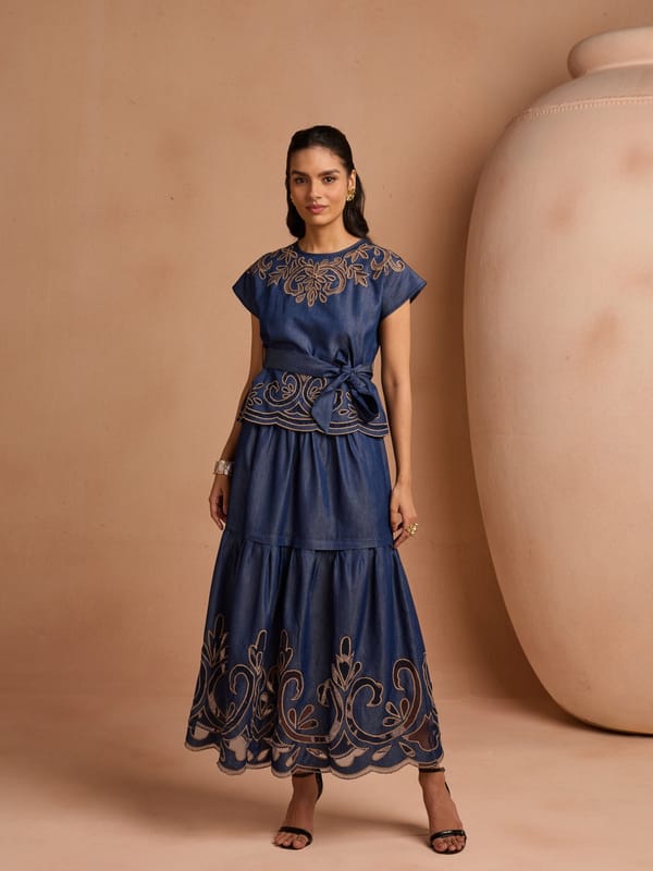 Blue Denim Tiered Midi Skirt with Cutwork Hem — Style Island