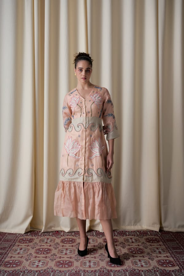 Peach Silk Organza Applique A-Line Midi Dress — Love Kiki