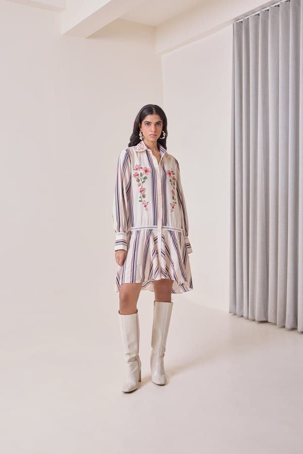 Cream Striped Floral Shirt Dress with Lace and Ruffle Hem — Needle Ten