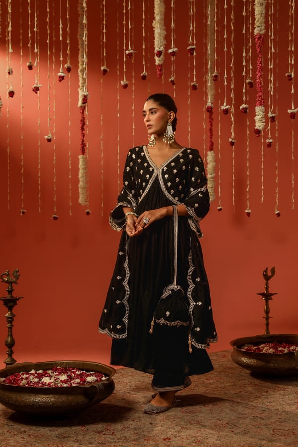 Black Velvet Anarkali Kurta Set with Gold Embroidery — NARAYANI VASTRA