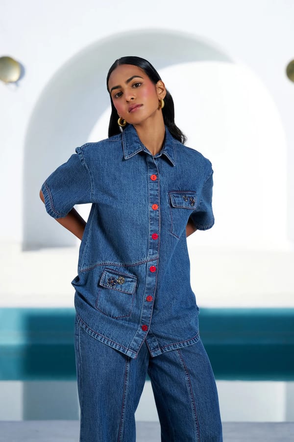 Blue Cotton Denim Button-Down Shirt with Utility Pockets — STITCH STORIES