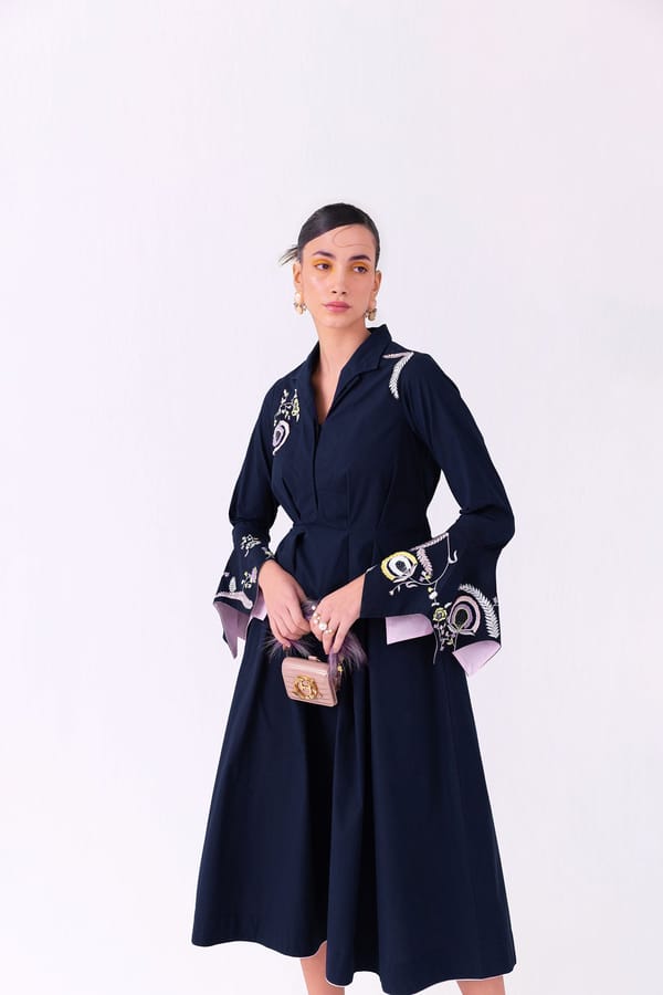 Navy Cotton Satin Embroidered Fit and Flare Midi Dress — Our Love