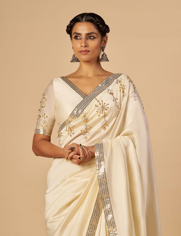 Off White Chanderi Embroidered V-Neck Saree Blouse — Gulabo by Abu Sandeep