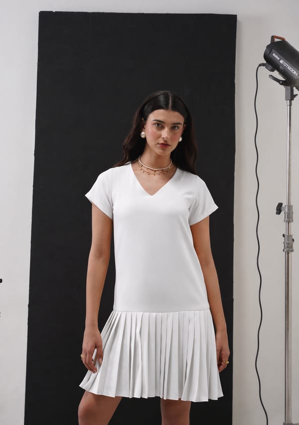 White Crepe Pleated Hem Mini Tunic Dress — AMOSHI