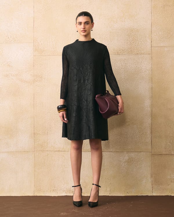 Black Textured A-Line Knee-Length Dress with Sheer Sleeves — Pleats by Aruni