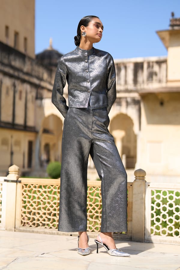 Dark SIlver Metallic Straight-Leg Trousers — Dash and Dot