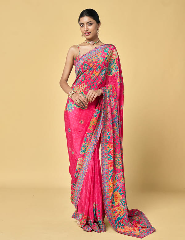 Pink Printed Saree with Statement Border and Blouse — SAUNDH