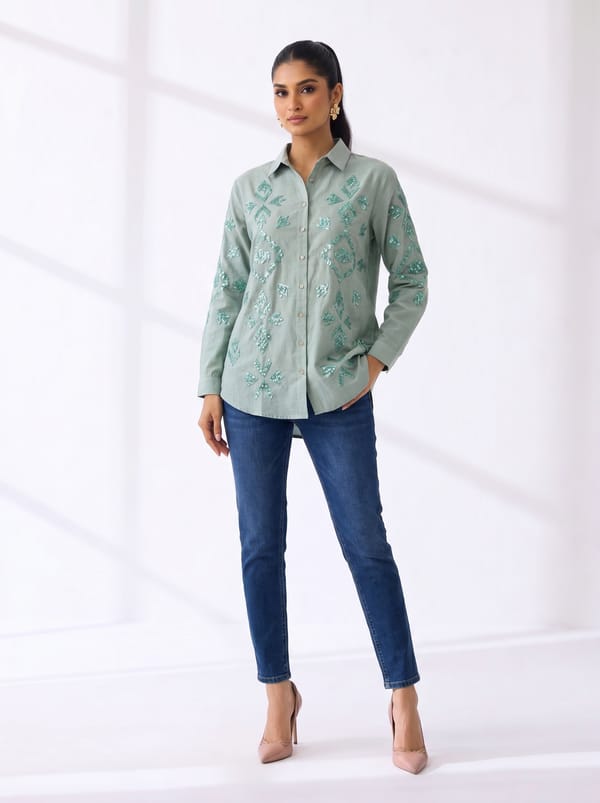 Geometric Embroidered Cotton Shirt, Mint Green — THE LUXURY DRESSING