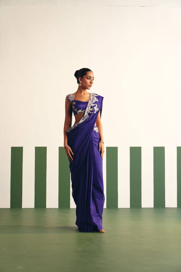 Ink Blue Pre-Stitched Organza Saree Set with Tube Blouse — Reeti Arneja