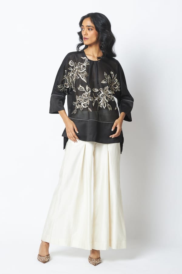 Black Sheer Sequin Floral Top and Pants Co-ord Set — Madder Much