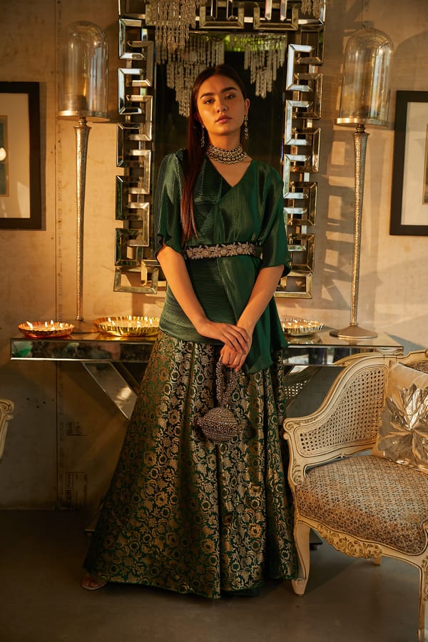 Green Asymmetrical Top and Brocade Ghagra Co-ord Set — TASUVURE