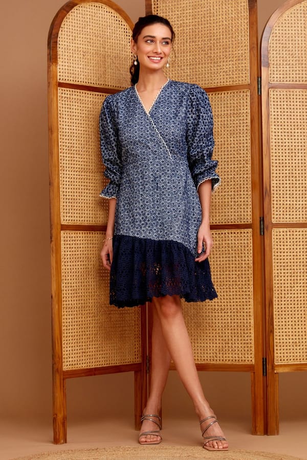 Navy Blue Geometric Print Fit and Flare Knee-Length Dress — BOHO-CHIC