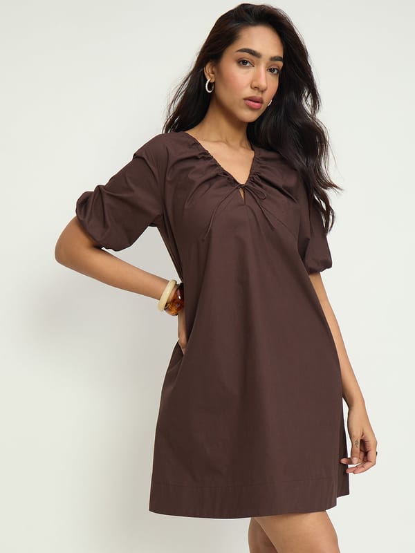 CrispCotton Mocha Front Tie-Up Mini Dress — Femmella