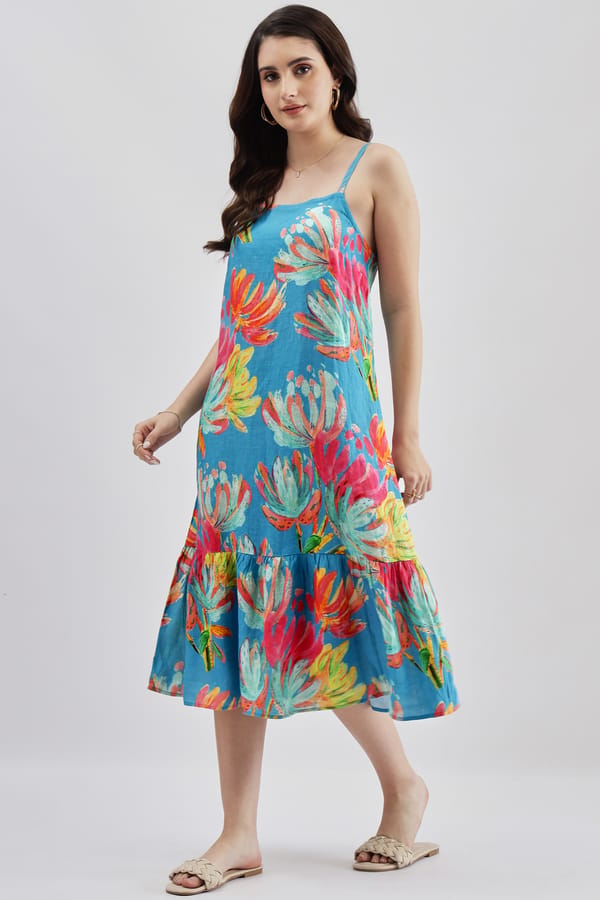 Turquoise Linen Floral Print Tiered Midi Dress — Linen Bloom