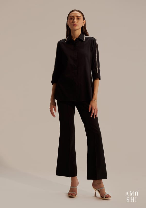 Black Rhinestone Detail Shirt and Flared Pants Co-ord Set — AMOSHI