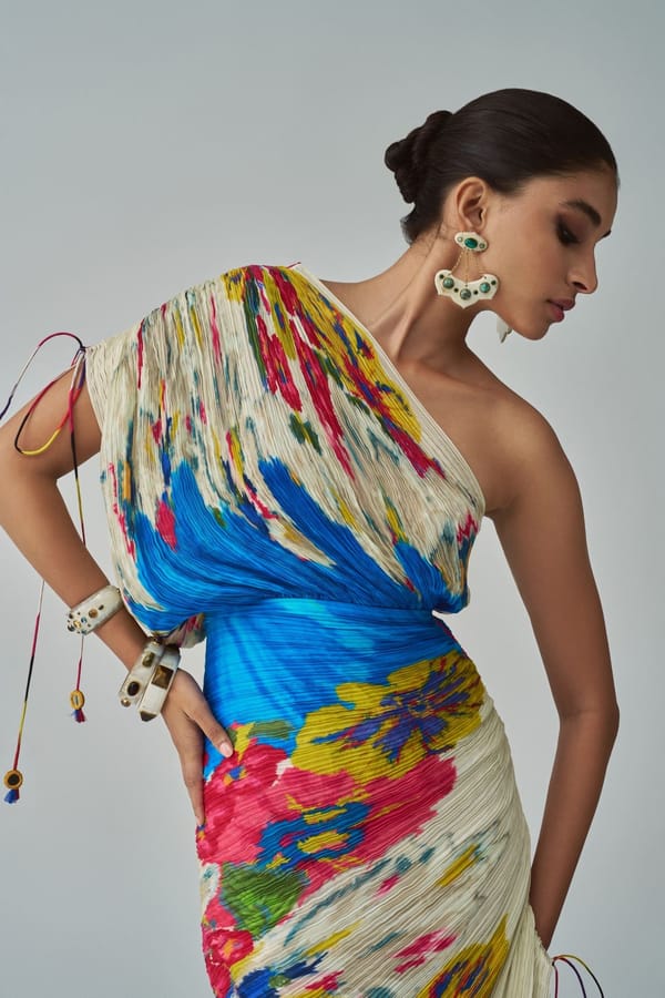 Ivory/Multi One-Shoulder Micro-Pleated Floral Midi Dress — Saaksha and Kinni