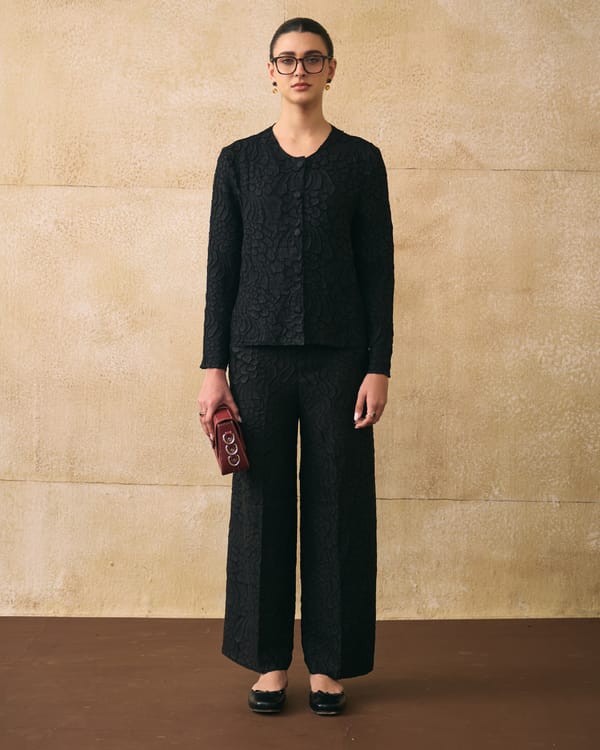 Black Textured Co-ord Set with Button-Front Top — Pleats by Aruni