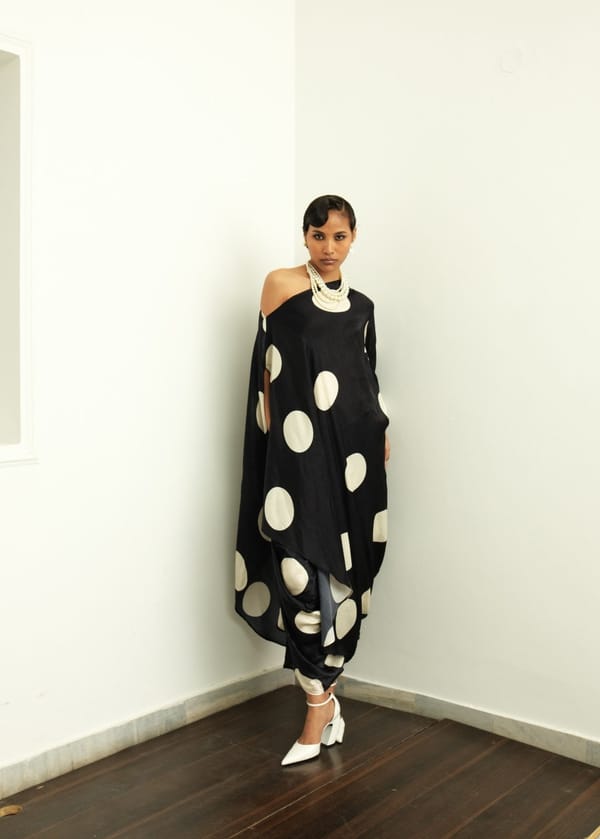 Black and Beige Polka Dot Drape Midi Skirt — Ofrida