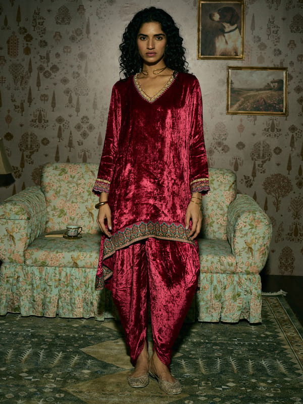 Maroon Velvet High-Low Kurta Set with Dhoti Bottom — SAUNDH