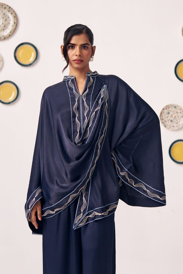 Navy Blue Draped Embroidered Cape Top — Western Era