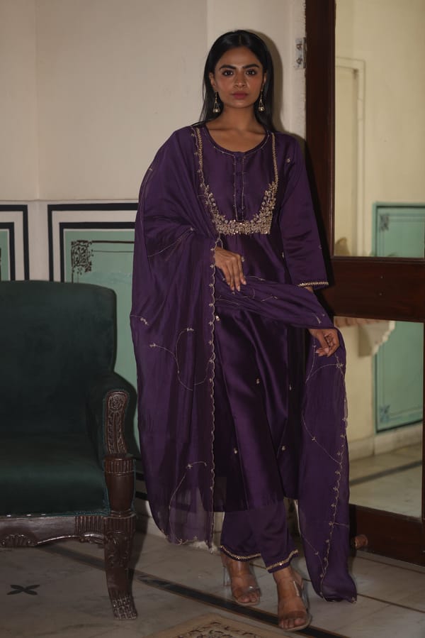 Purple Silk Chanderi Zardozi Kurta Set with Dupatta — Tatwa Designs