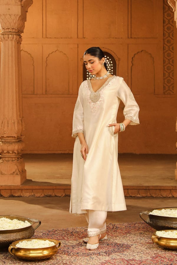 Daisy Ivory Embroidered Silk Chanderi Kurta Set — Sheetal Batra