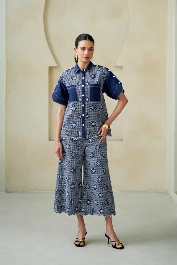 Navy Embroidered Cutwork Shirt and Wide-Leg Co-ord Set — STITCH STORIES