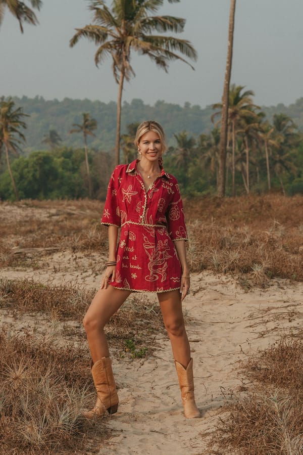 Red Printed Linen Button-Down Mini Shirt Dress — Label Sugar