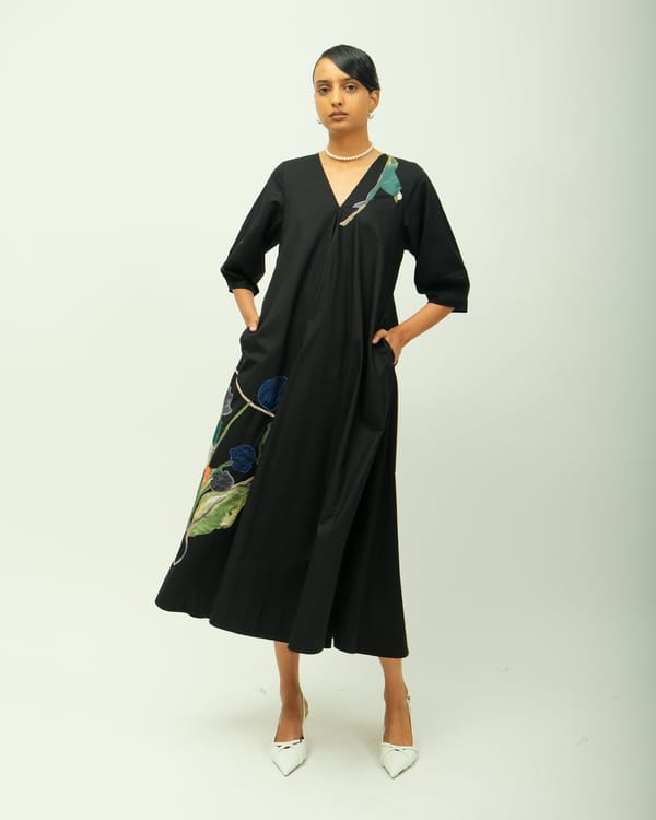 Black A-Line Midi Dress with Floral Applique — Ofrida