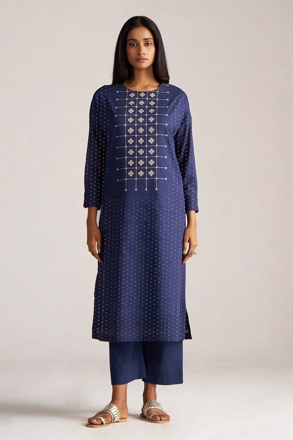 Blue and Off White Printed Kurta Co-ord Set with Pants — Ganga Fashions Pvt Ltd