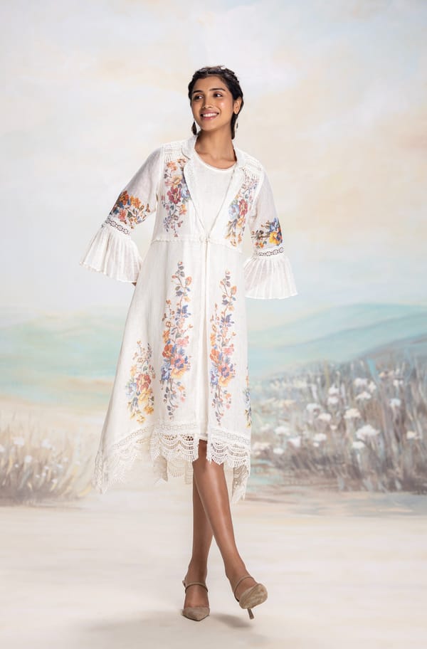 Swan Linen Longline Floral Print Lace-Trim Jacket — Kaveri