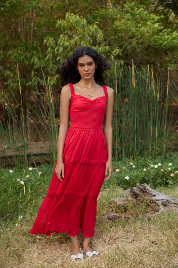 Red Smocked Bodice Tiered Maxi Dress — The Clothing Factory
