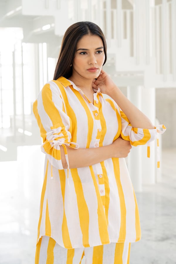 Yellow Striped Shirt and Straight-Leg Pants Co-ord Set — Silai studio