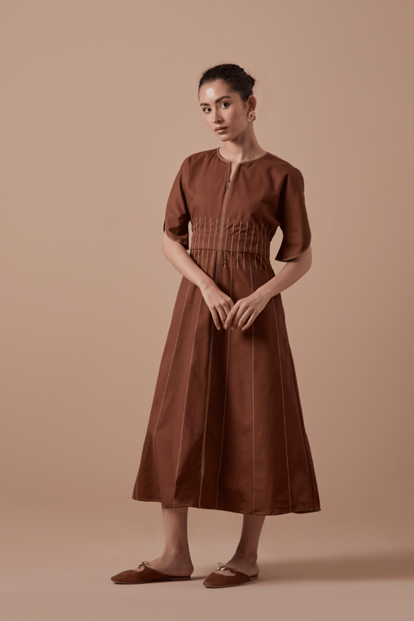 Brown Organic Cotton Twill A-Line Midi Dress — SHIBUI