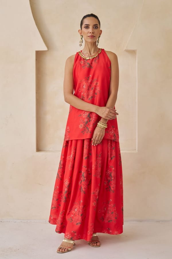 Red Chanderi Floral Lehenga Set With Embellished Neckline — Sttavoss