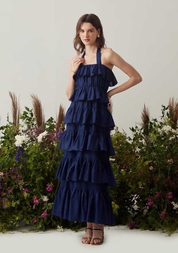 Navy Halter Neck Tiered Ruffle Maxi Dress — AMOSHI