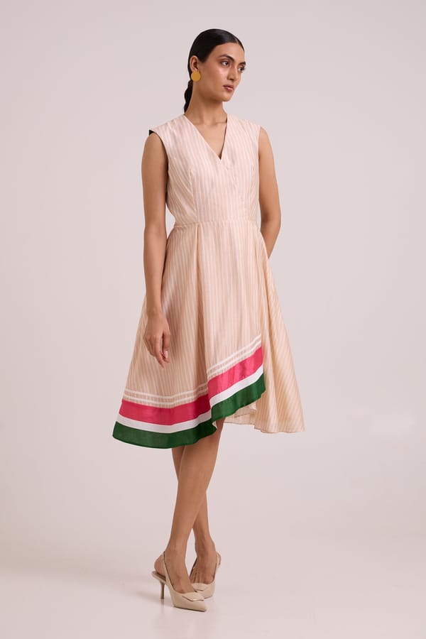 Almond Striped Fit and Flare Midi Dress with Hem Border — Madder Much