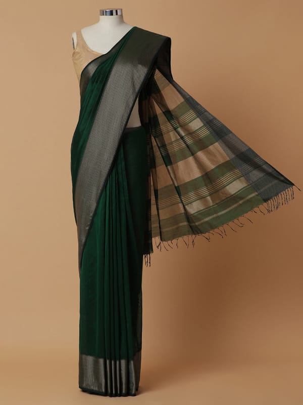 Maheshwari Cotton Silk Dark Green Big Woven Border — BINKS
