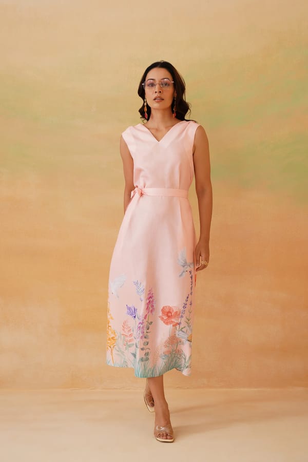 Peach V-Neck Sleeveless Midi Dress with Waist Tie — IERA