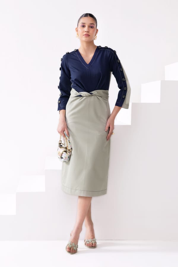 Navy and Olive Colorblocked V-Neck Midi Dress — Our Love