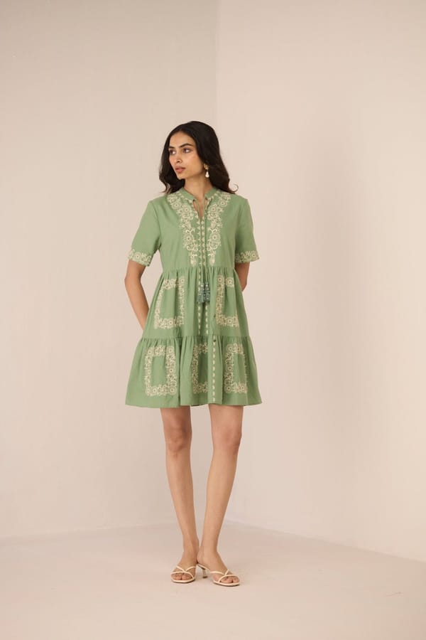 Epsom Green Embroidered Tiered Mini Dress — Calling June
