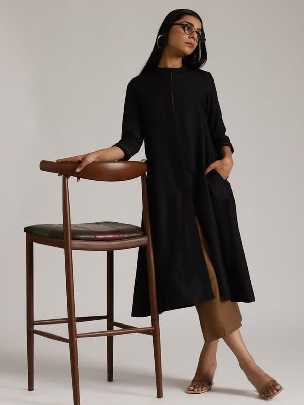 Black Cotton Linen Flared Kurta Pant Set — Truebrowns