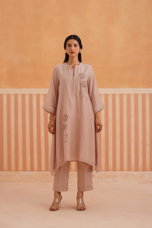Mauve A-Line Embroidered Kurta Set with Lace Details — Omi Clothing