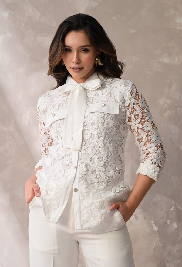 Floral Lace Tie-Neck Shirt — ANYSA